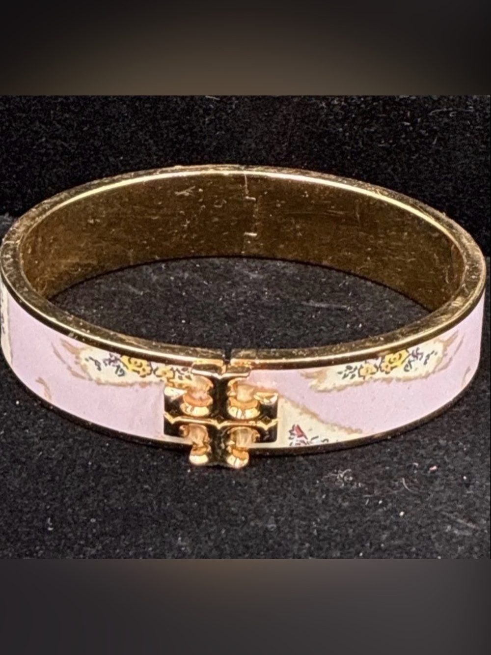 Tory Burch Gold and Light Pink Kira Floral Enamel Logo Hinge Bangle